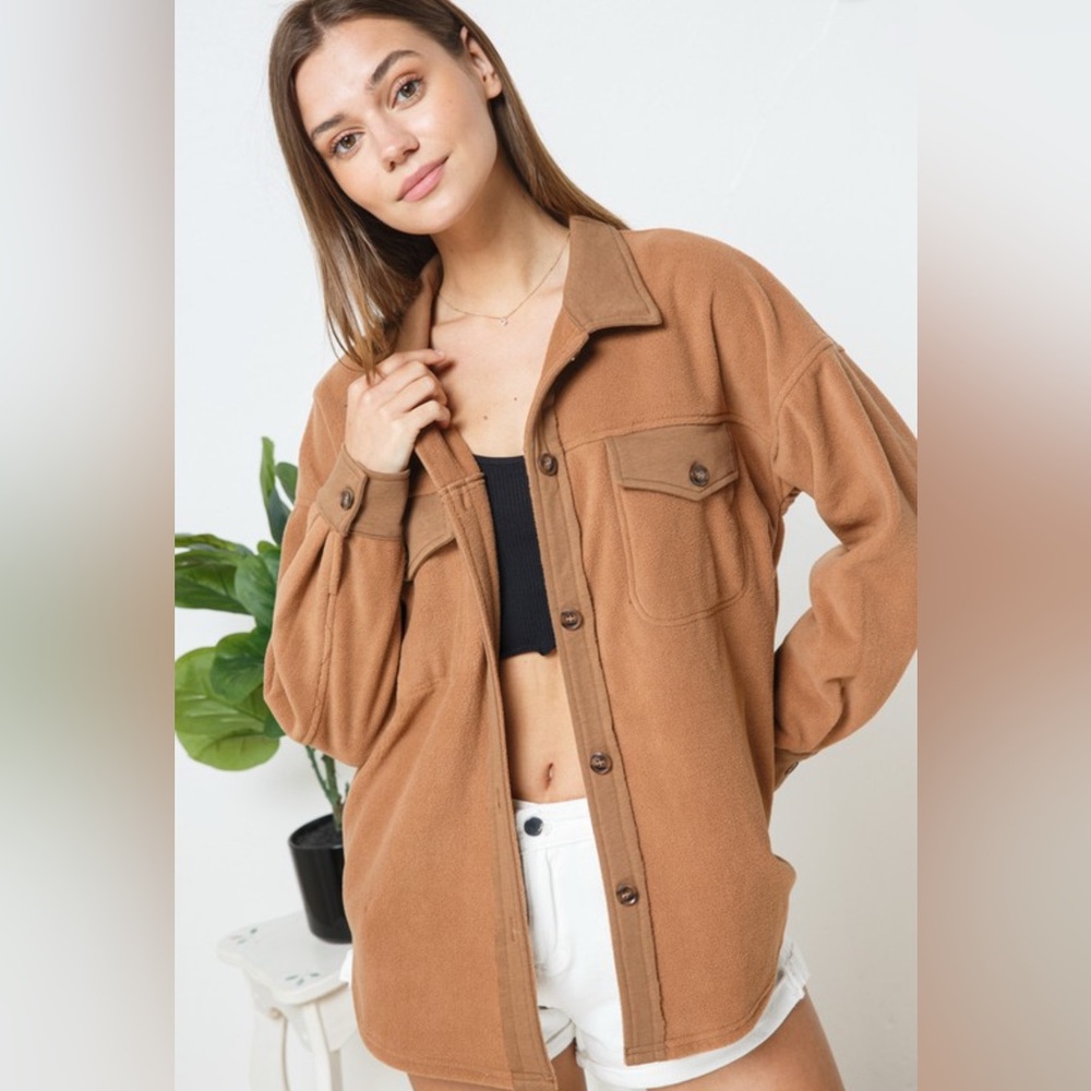 NEW blue b Light Brown Fleece Contrast Relaxed Fit Mix Shirt Jacket Shacket - Picture 2 of 3